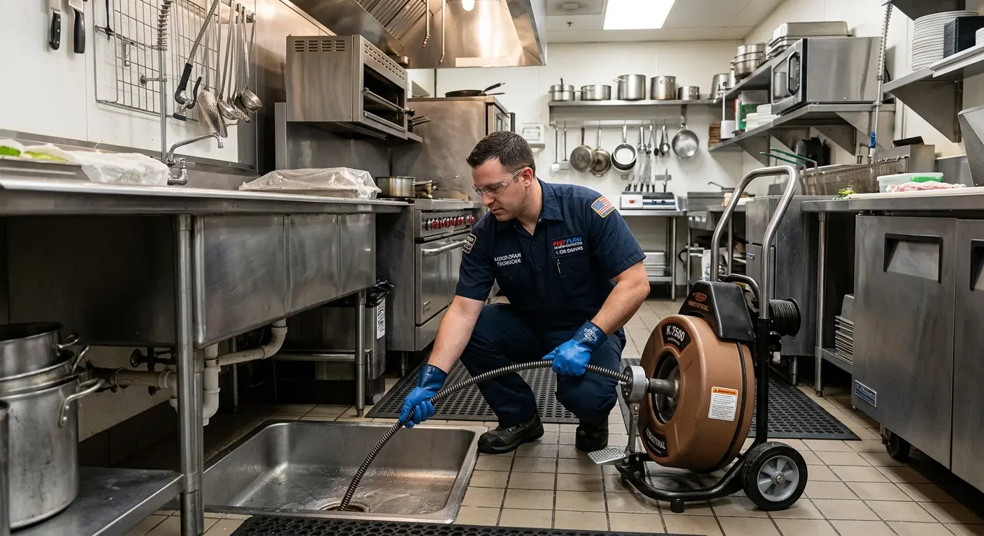 Commercial drain cleaning service in a restaurant kitchen in Waldoboro