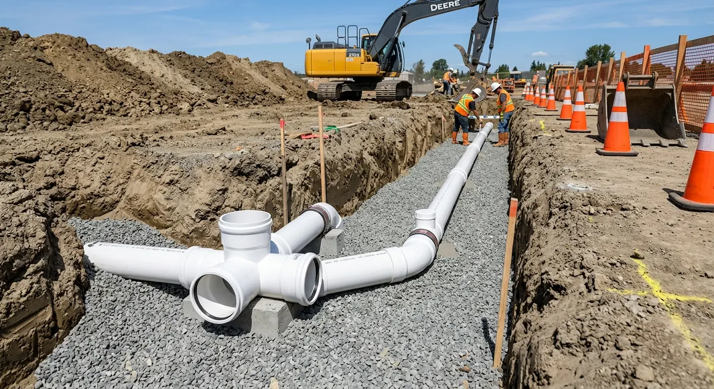 New PVC sewer pipe installation in open trench for Commercial Drain Cleaning in Waldoboro